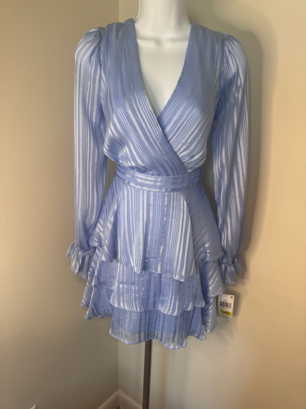 Light Blue Striped Ruffle Wrap Dress